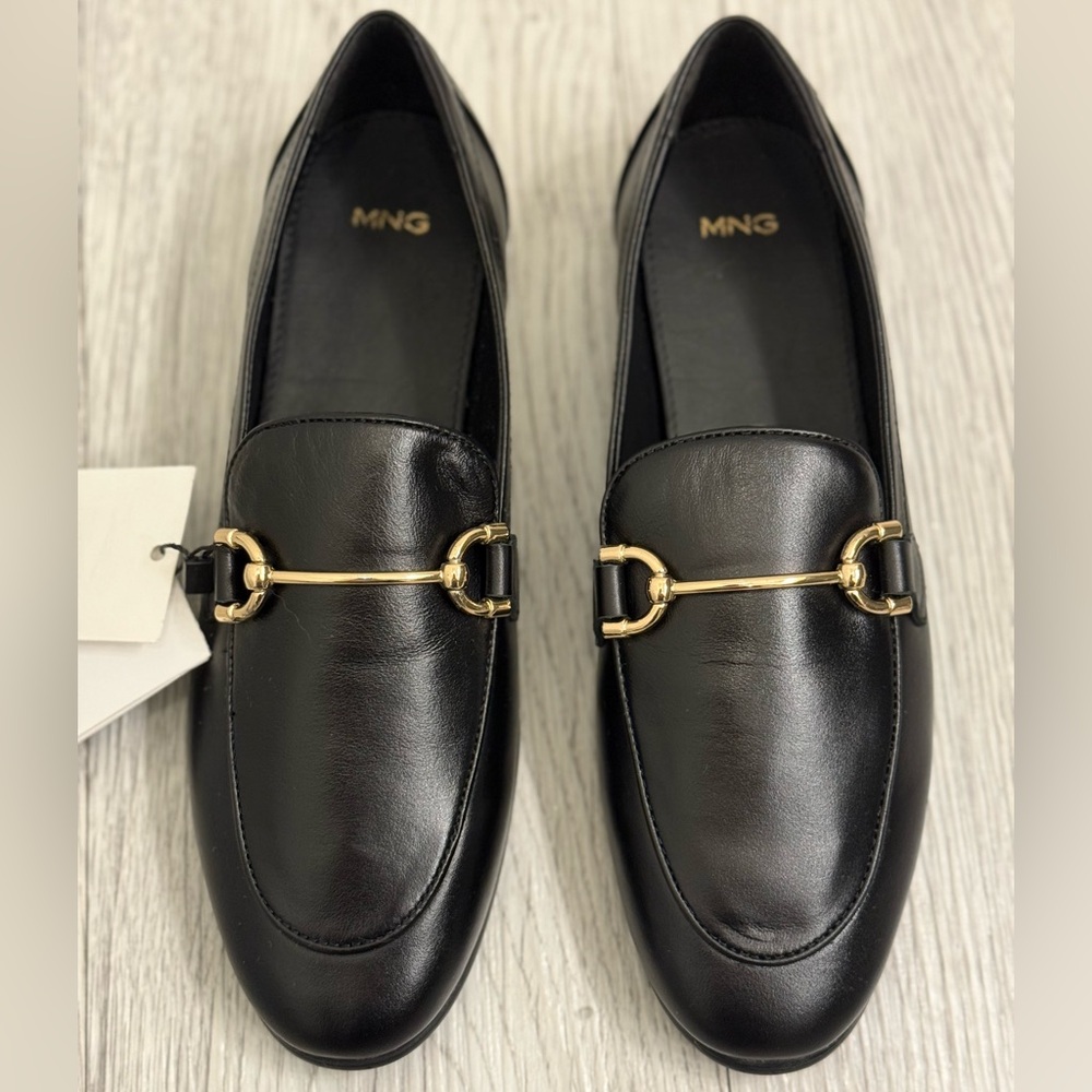 Mango Black and Gold Slip-On Loafers with Horsebit Detail